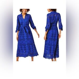LILY PULITZER AMRITA TIE LONG SLEEVE MIDI DRESS BOREALIS BLUE SOIREE EYELET 14